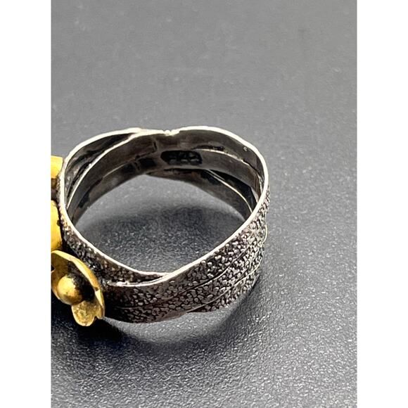 Artisan Pebbled Sterling Silver‎ and Brass 6mm Opal Cabochon Floral Ring Sz 9 - Picture 9 of 11